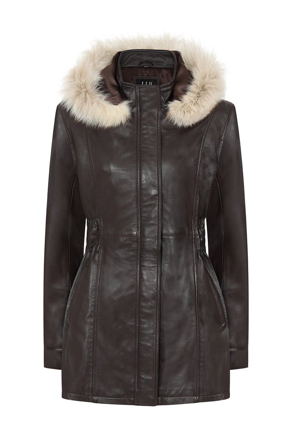 Brown genuine leather coat with detachable fur hood, LLD Original, 32-inch length, available in sizes 8, 10, 12.